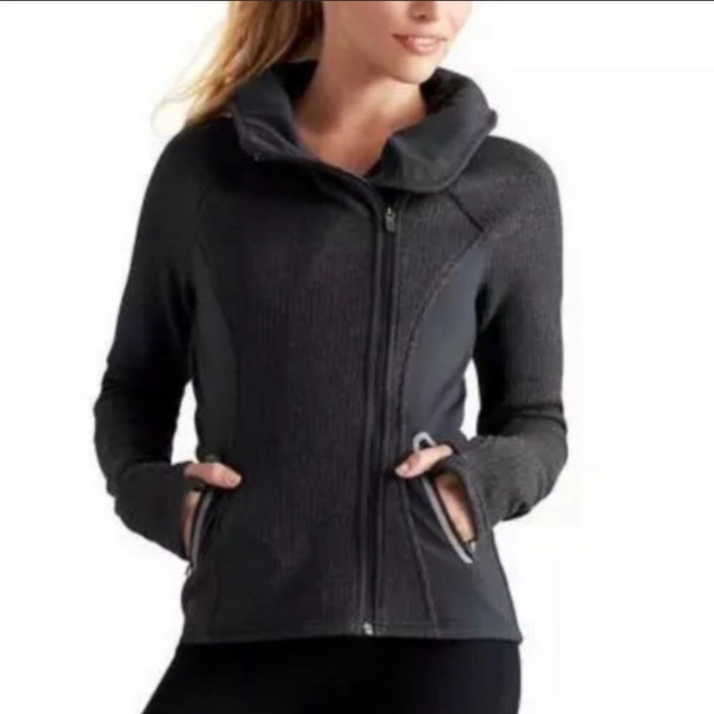 Athleta Full Asymmetrical Zip Hoodie Jacket Charcoal Gray Thumbholes